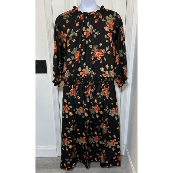 Terra & Sky Black Red Floral Maxi Dress Plus Size 5X 3/4 Sleeve Keyhole Tie Neck - Picture 2 of 16